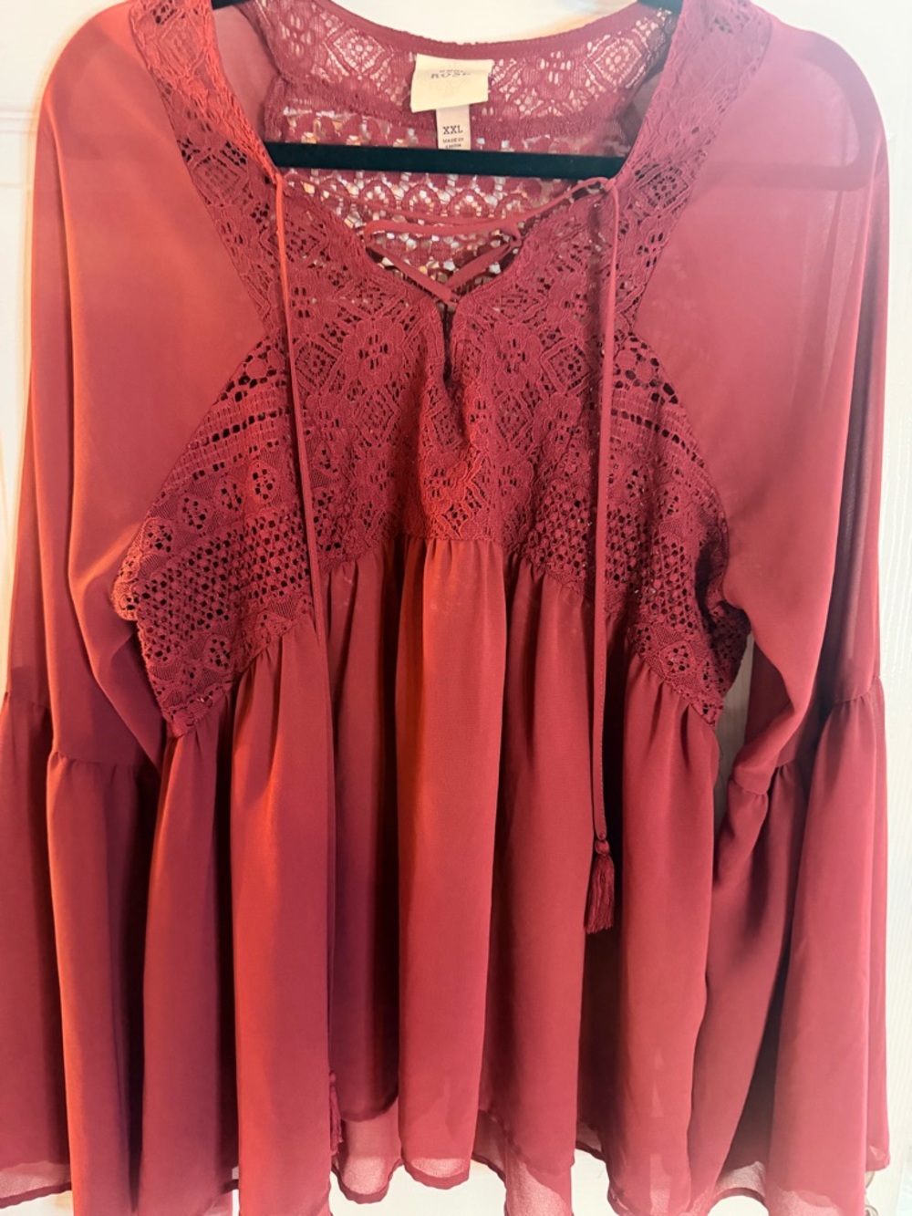 XXL Women’s Knox Rose Lace Sheer Trim Boho Blouse in Deep Brick Red